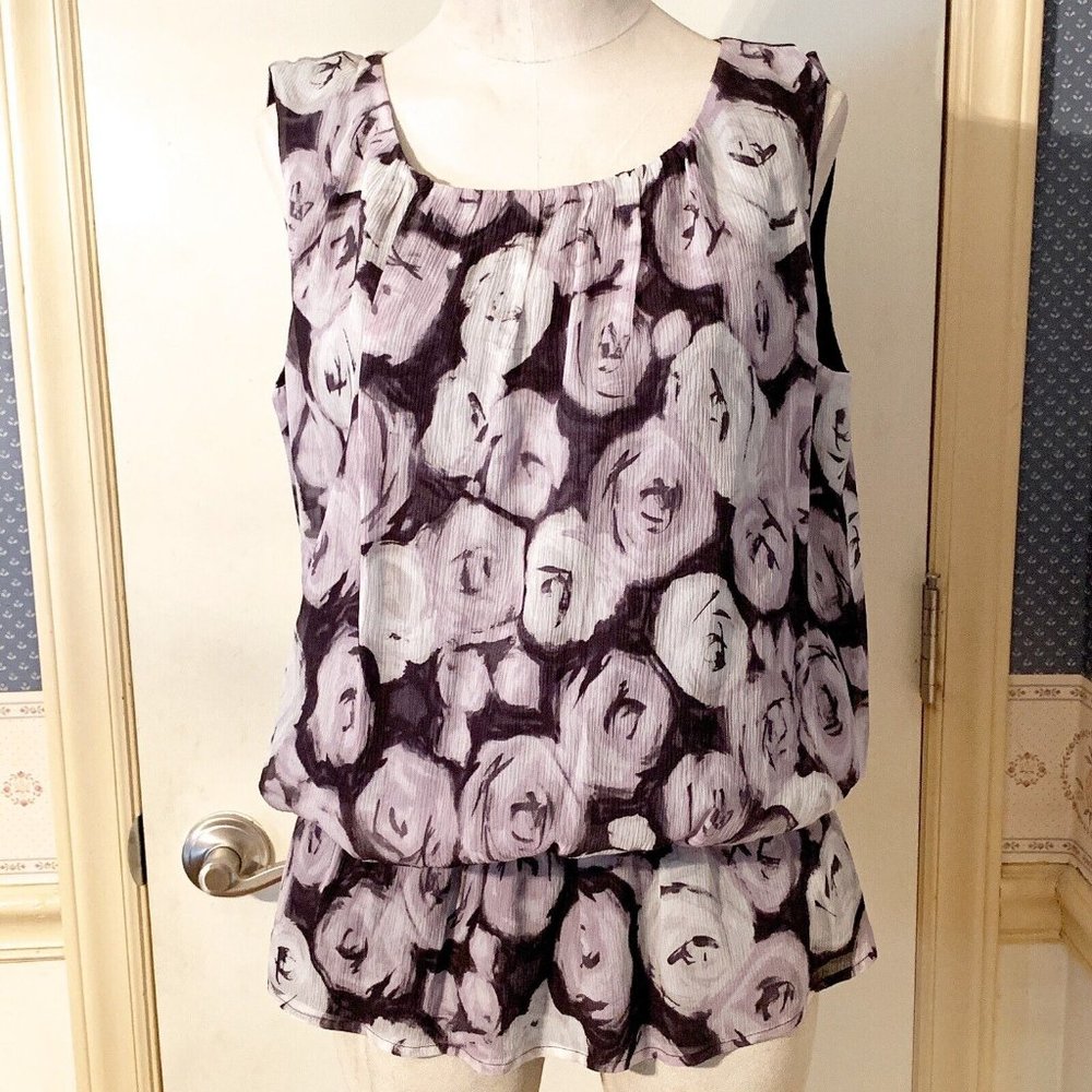 St John Size 8 Silk Black Gray Floral Sleeveless Peplum Top NWT Retail $495